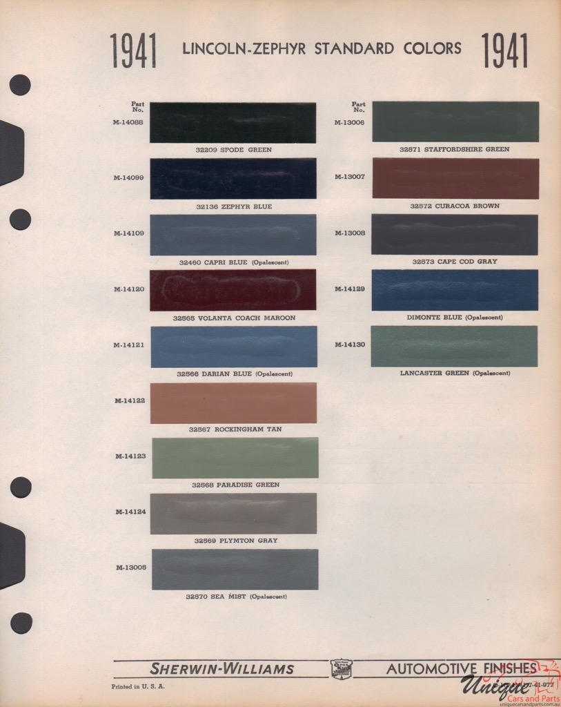 1941 Lincoln Paint Charts Williams 1